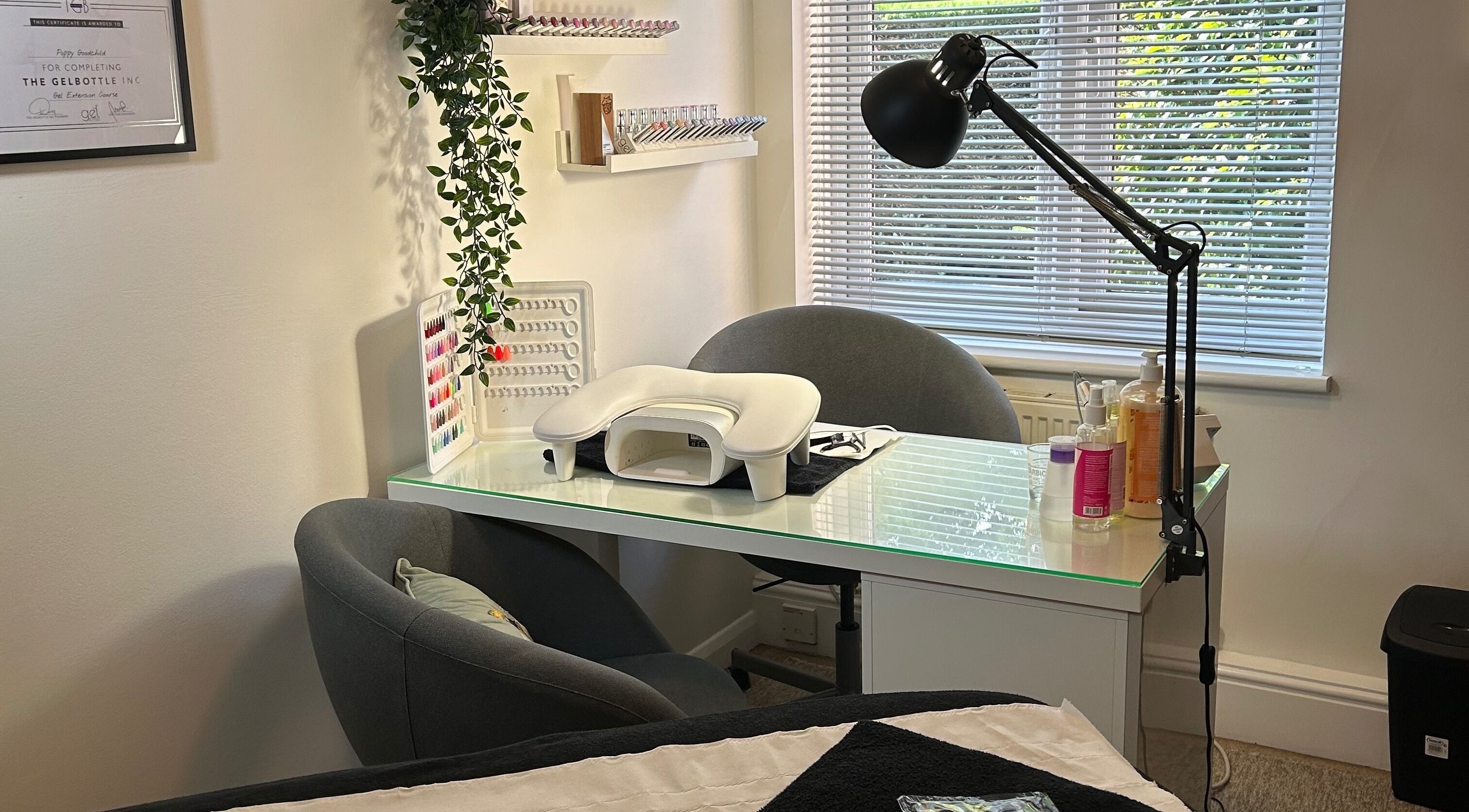 Elegant nail station at Poppy's beauty room, Pulborough, England, GB, designed for a relaxing manicure experience.