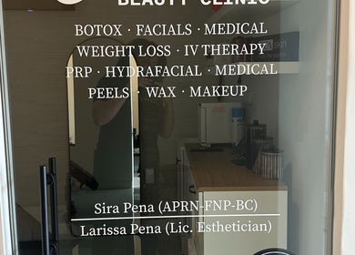 Entrance of Saona Beauty Clinic in Pembroke Pines, Florida, showcasing services like Botox, facials and more.