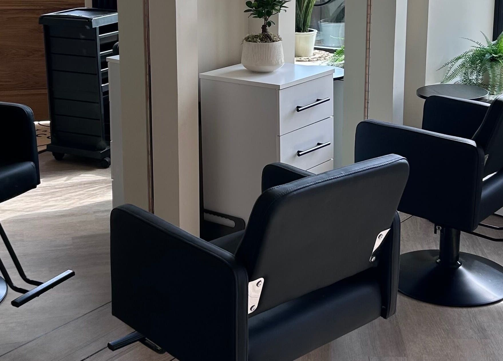 Modern salon chairs and decor at Styled by Maja, Tranent, Scotland, GB.
