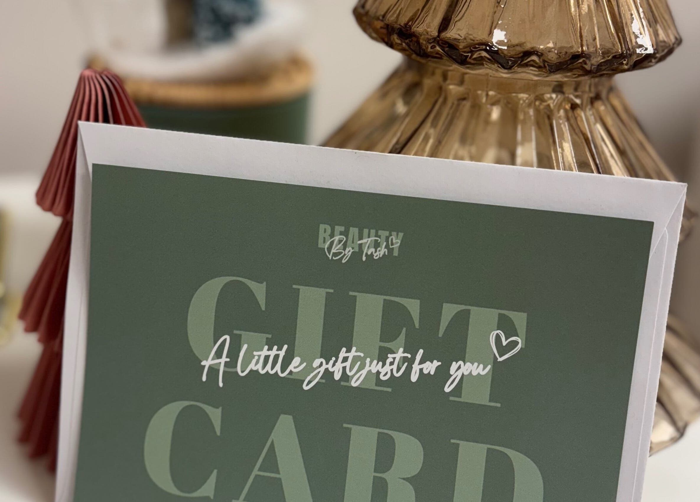 Gift card display at Beauty By Tash in Andover, England, GB with elegant decor.