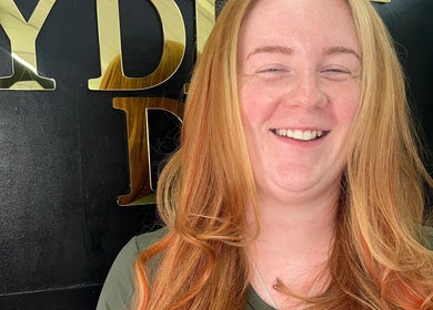 Happy customer with vibrant hair color at Hair by Lydia Dion in Leicester, England, GB.