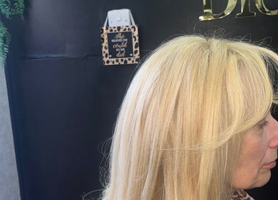 Elegant blonde hairstyle showcased at Hair by Lydia Dion, Leicester, England, GB.