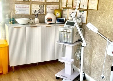 Modern treatment area at Skinthetics Studio, Droitwich Spa, England, GB with advanced skincare equipment.