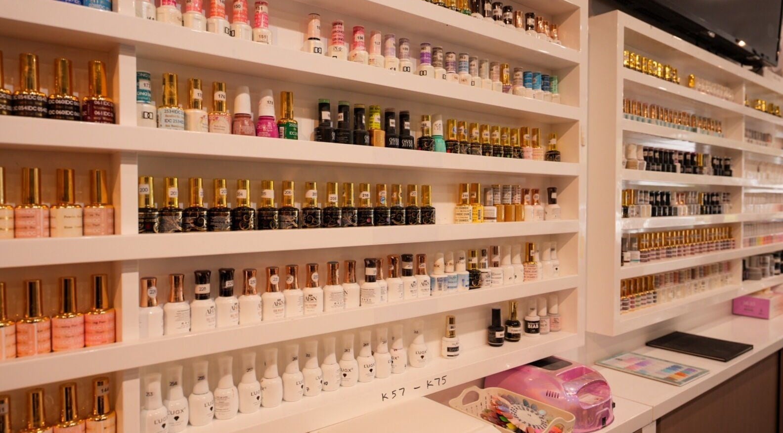 Vibrant nail polish display at Lume Nails (formerly Nails Desire), Bell Park, Victoria, AU.