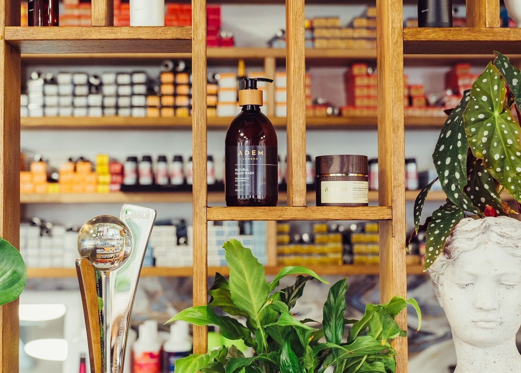 ADEM beauty display with plants and products in London, England, GB.