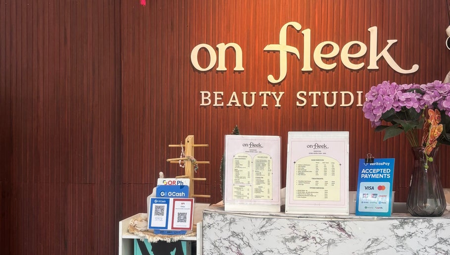 Reception at Chloe Beauty Studio (On Fleek Beauty Studio), Taguig, Metro Manila, PH with service menu displayed.