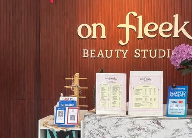 Reception at Chloe Beauty Studio (On Fleek Beauty Studio), Taguig, Metro Manila, PH with service menu displayed.