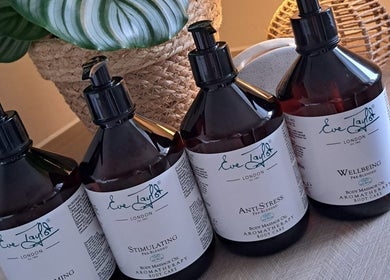 Luxurious aromatherapy oils at Regents Retreat, Nantwich, England, GB with elegant packaging.