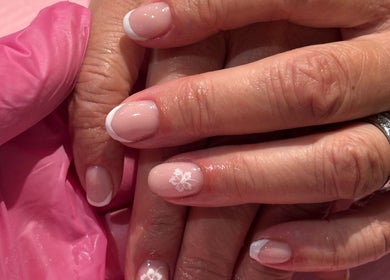 French manicure with floral design at Steel and Polish Nails, Loxley, England, GB.