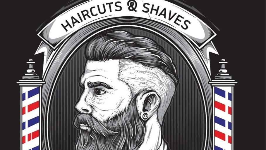 Κλασική ταμπέλα κουρείου Barber Corner στη Βύρωνα, GR με αντρικό σκίτσο και χρώματα μπλε-κόκκινο.