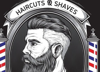 Κλασική ταμπέλα κουρείου Barber Corner στη Βύρωνα, GR με αντρικό σκίτσο και χρώματα μπλε-κόκκινο.