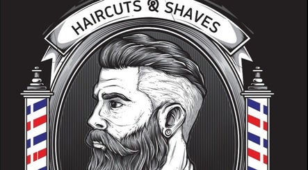 Κλασική ταμπέλα κουρείου Barber Corner στη Βύρωνα, GR με αντρικό σκίτσο και χρώματα μπλε-κόκκινο.