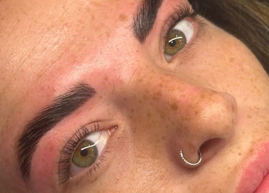 Close-up of elegantly shaped brows at Blushed beauty by Amelia, Wormegay, England, GB offering bespoke beauty.