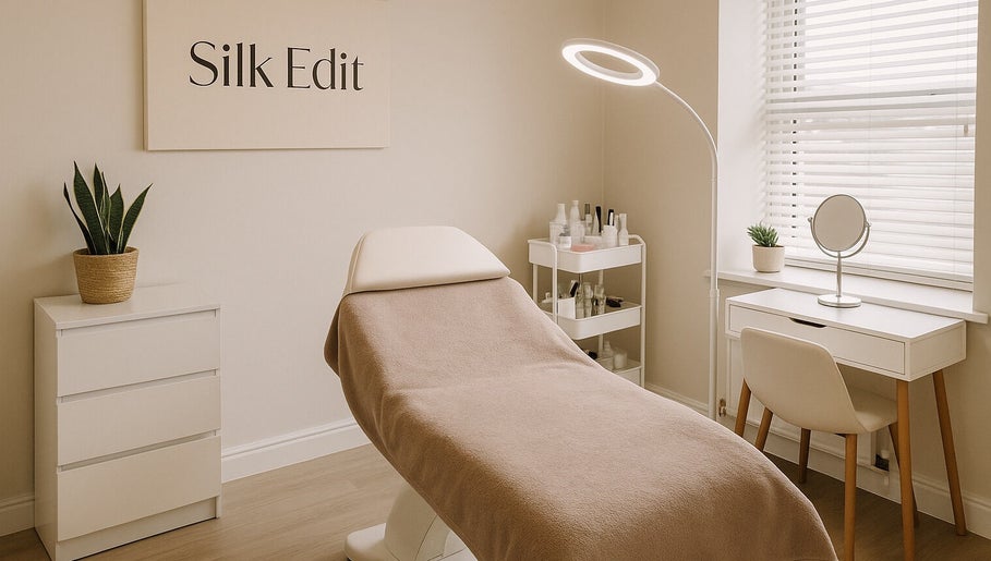 Stylish treatment room at The Silk Edit, Glasgow, Scotland, GB, featuring a sleek modern design.