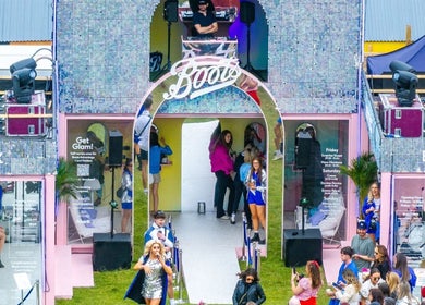 Entrance of Boots at Moonlight Meadows venue in Stradbally, County Laois, IE, showcasing vibrant event atmosphere.