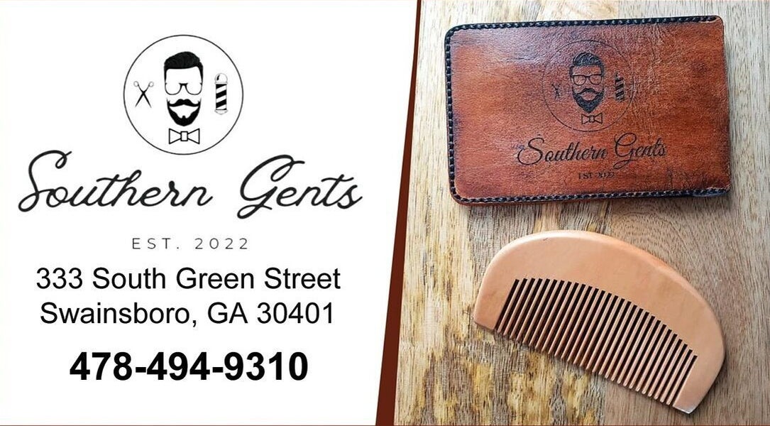 Southern Gents leather wallet and wooden comb, located in Swainsboro, Georgia, US, showcasing style and elegance.