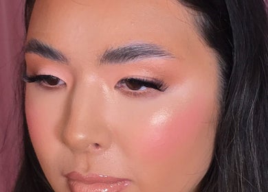 Close-up of flawless makeup look at Make A Wish Beauty, Glasgow, Scotland, GB. Highlight on cheekbone.