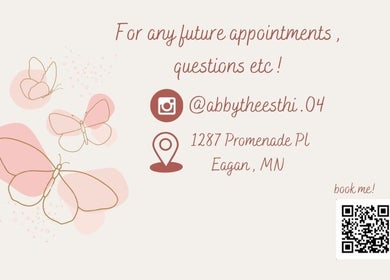 Decorative butterflies on All About Beauty Salon invite, Eagan, Minnesota, US with contact info and QR code.