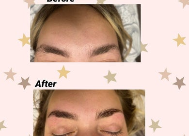 Eyebrow transformation before and after at All About Beauty Salon, Eagan, Minnesota, US showing enhanced shape.
