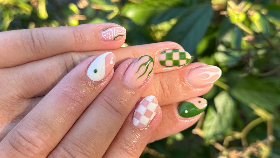 Intricate nail art design at Nails By Kay G in Bromsgrove, England, GB. Vivid patterns and colors on nails.