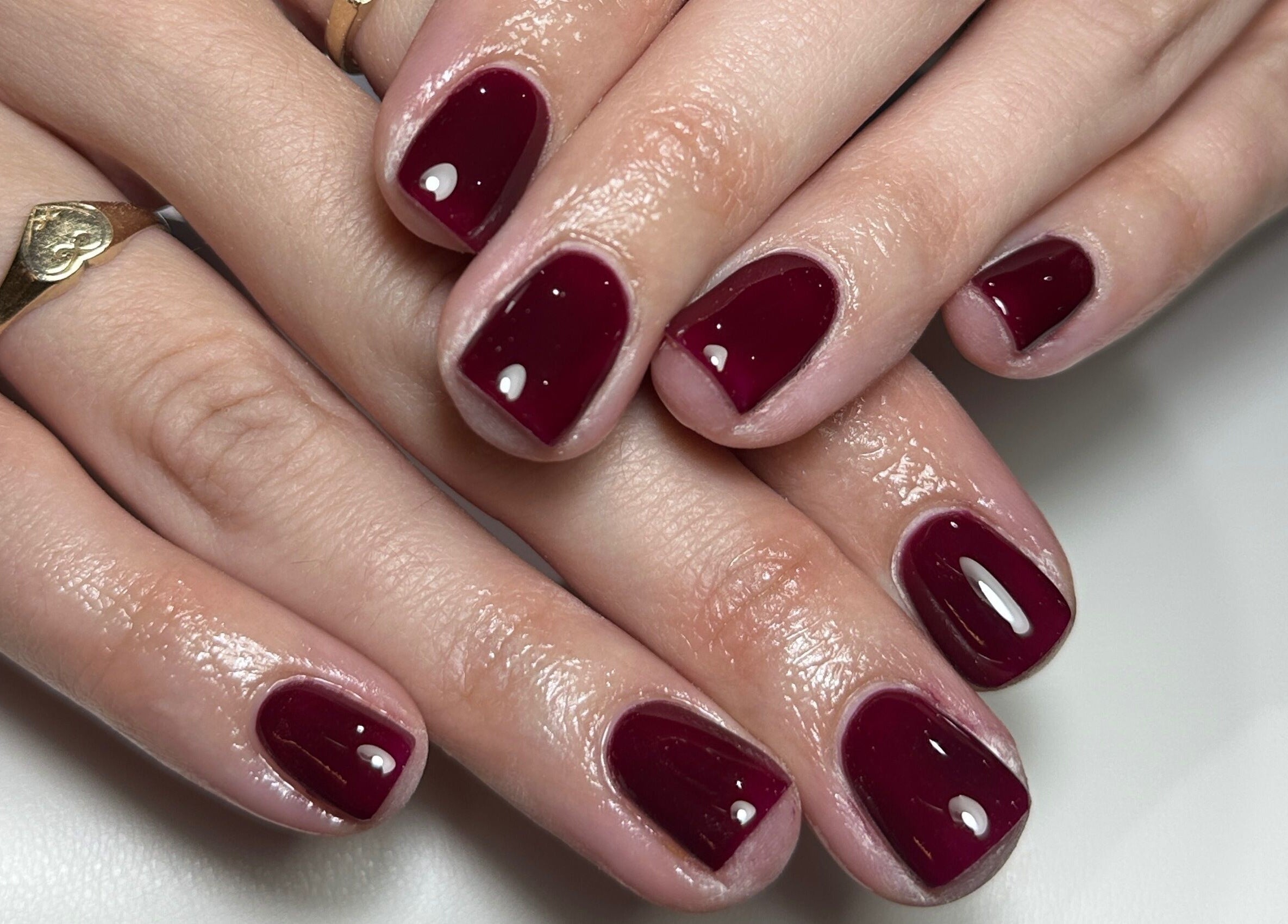 Elegant crimson manicured nails at Nails By Kay in Bromsgrove, England, GB, showcasing expert nail artistry.