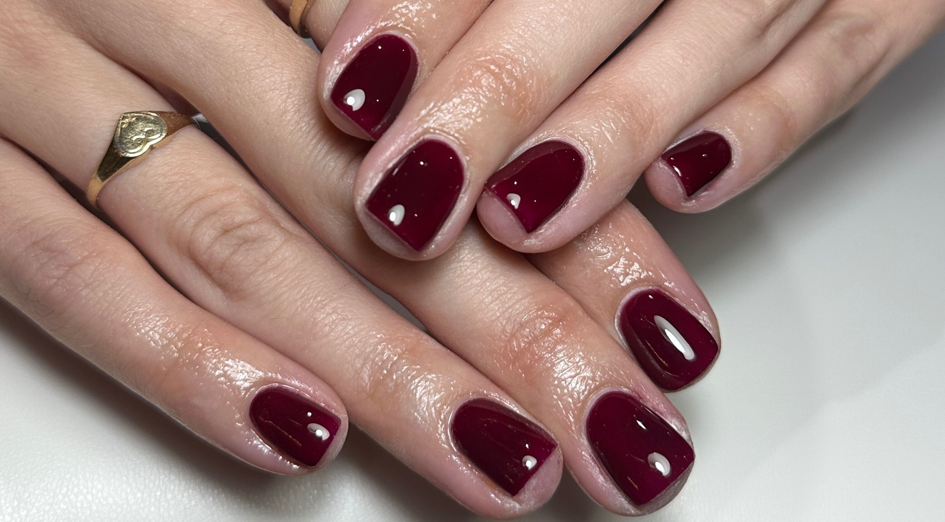 Elegant crimson manicured nails at Nails By Kay in Bromsgrove, England, GB, showcasing expert nail artistry.