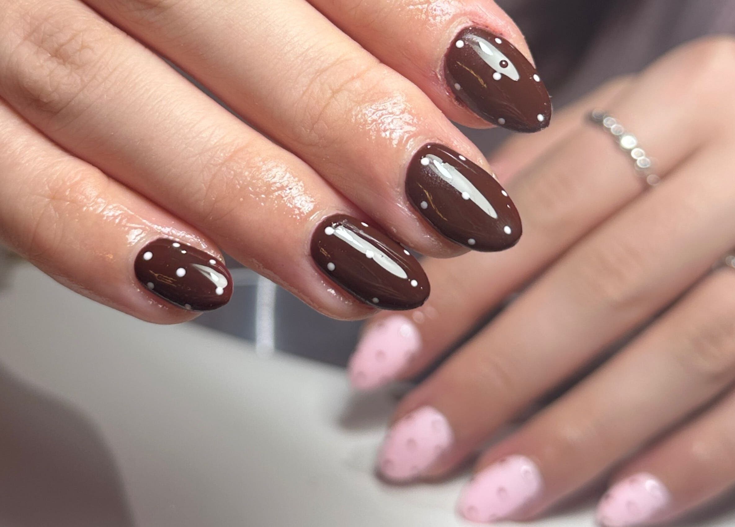 Elegant brown and pink dotted nail art at Nails By Kay, Bromsgrove, England, GB.