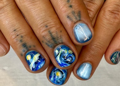 Artistic manicure with starry night design at Jada Ellize Nails, London, England, GB.