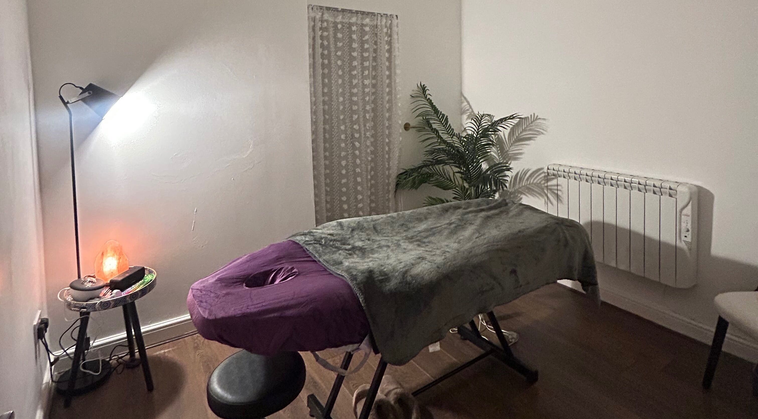 Tranquil massage room at Rooted Therapies by Vic at Bohemian Stars in Liverpool, England, GB.