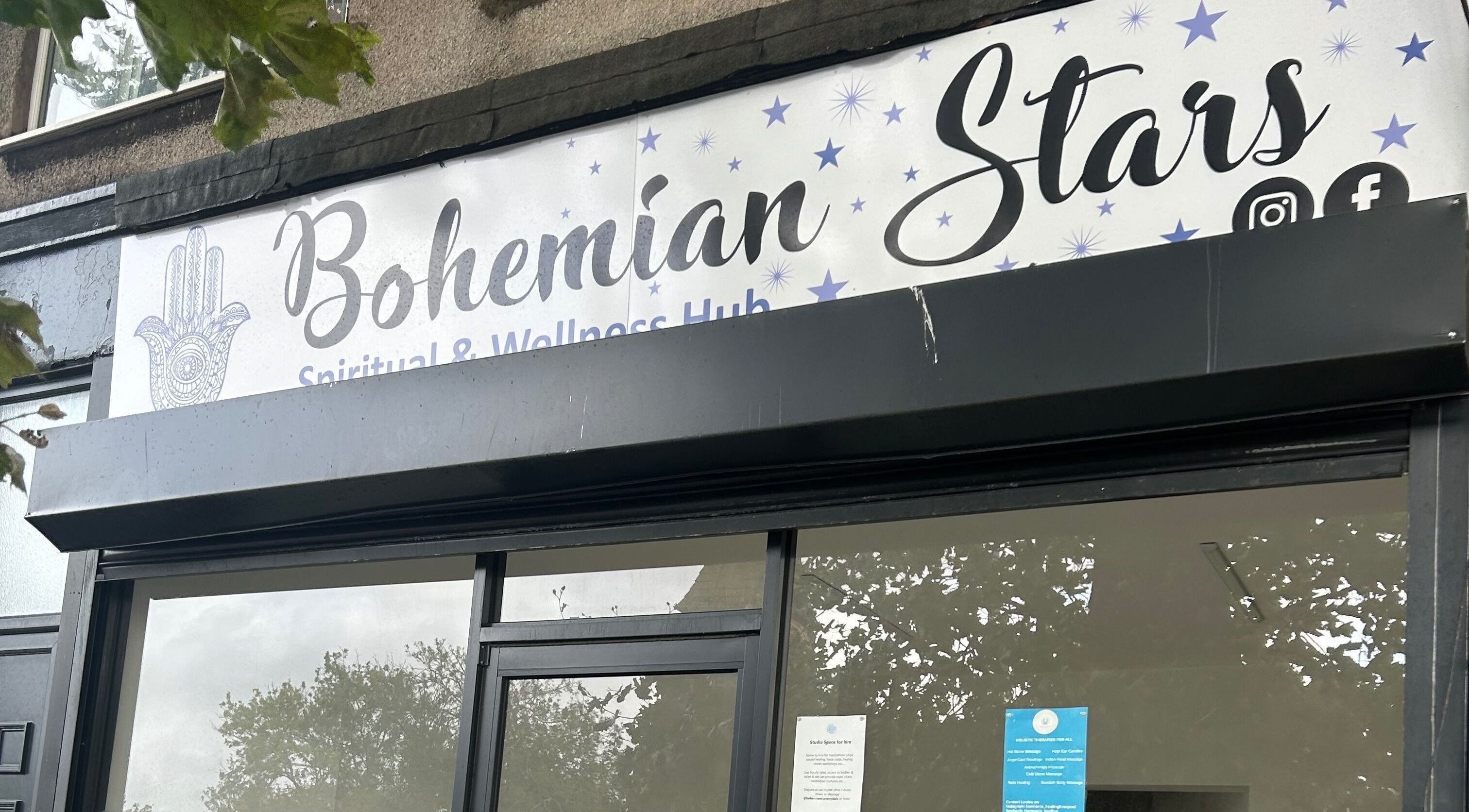Entrance of Rooted Therapies by Vic at Bohemian Stars, Liverpool, England, GB, with Bohemian Stars signage.