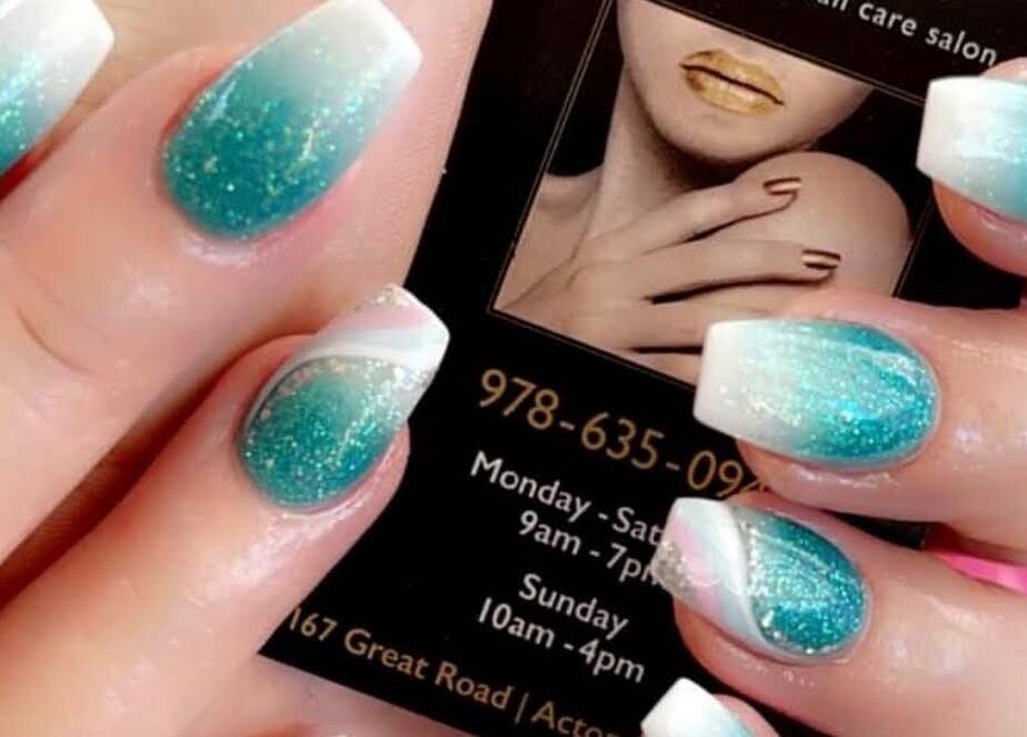 Elegant turquoise nails at Acton Nails & Spa, Acton, Massachusetts, US, showcasing exquisite nail art.
