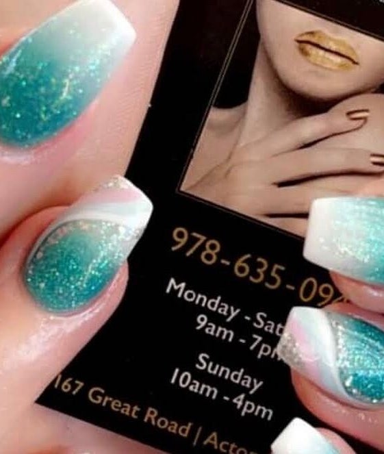 Elegant turquoise nails at Acton Nails & Spa, Acton, Massachusetts, US, showcasing exquisite nail art.