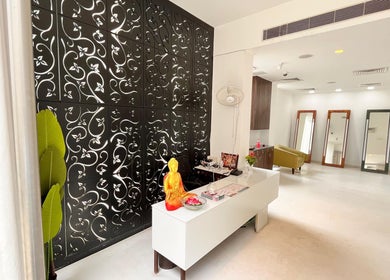 Reception area of Ojas wellness Spa in Bengaluru, Karnataka, IN showcasing elegant decor and serene ambiance.