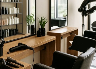 Modern styling stations at Glamour Salon, Abu Dhabi, Punjab, PK with sleek chairs and hair products.