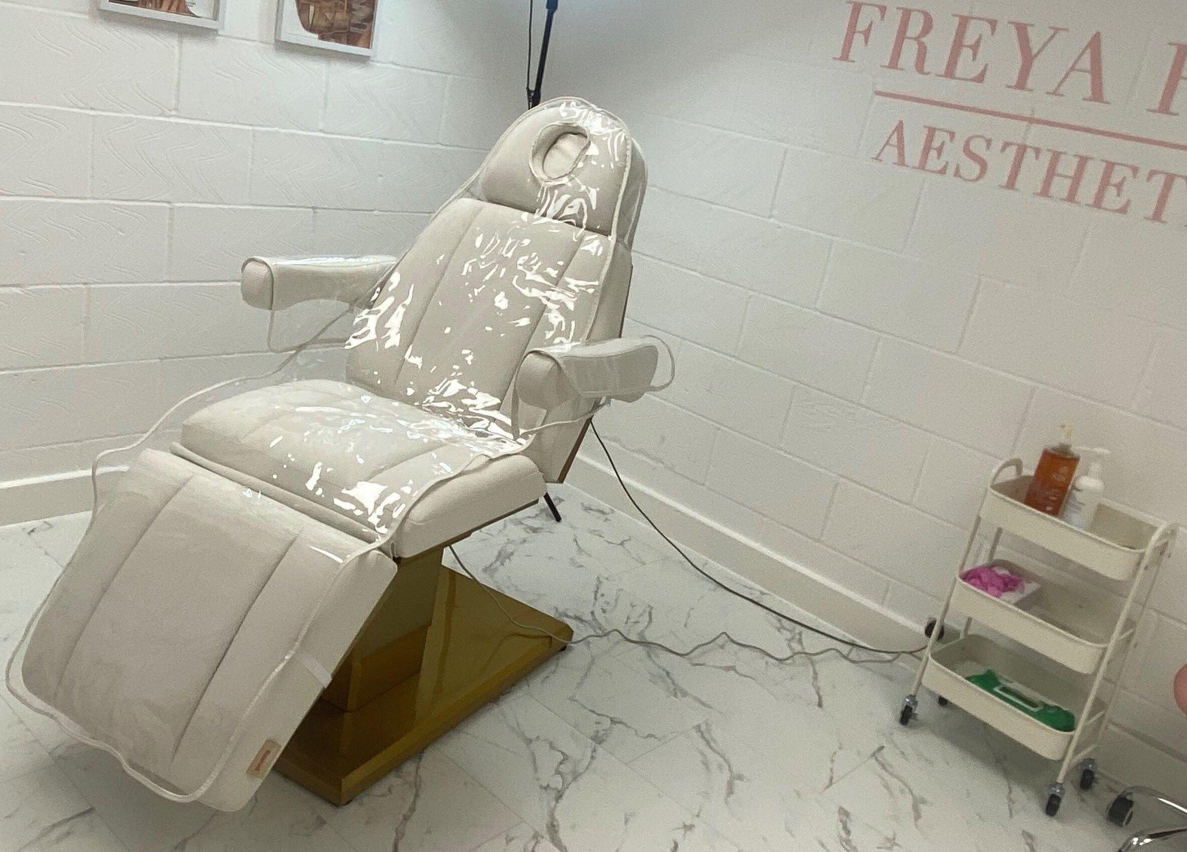 Luxurious treatment chair at Freyaroseaesthetics, Lowestoft, England, GB, highlighting comfort and elegance.