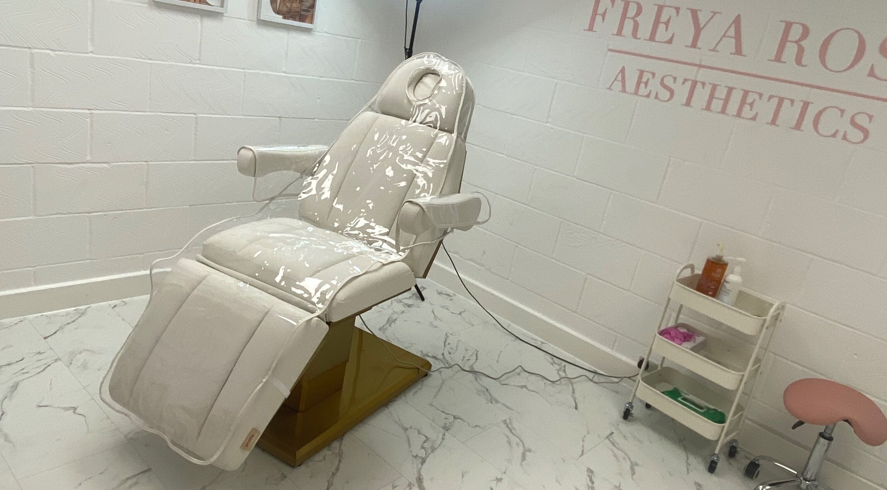 Luxurious treatment chair at Freyaroseaesthetics, Lowestoft, England, GB, highlighting comfort and elegance.