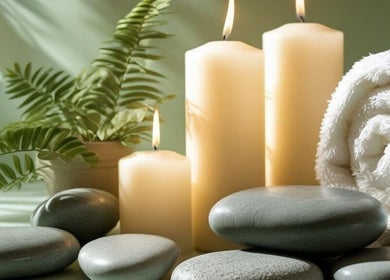 Relaxing setting with candles and stones at Jayora Beauty, Old Colwyn, Wales, GB.