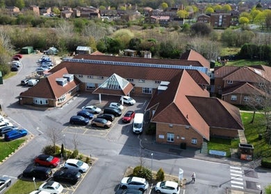 Aerial view of Back to Basics venue in Newton Aycliffe, England, GB with surrounding greenery.