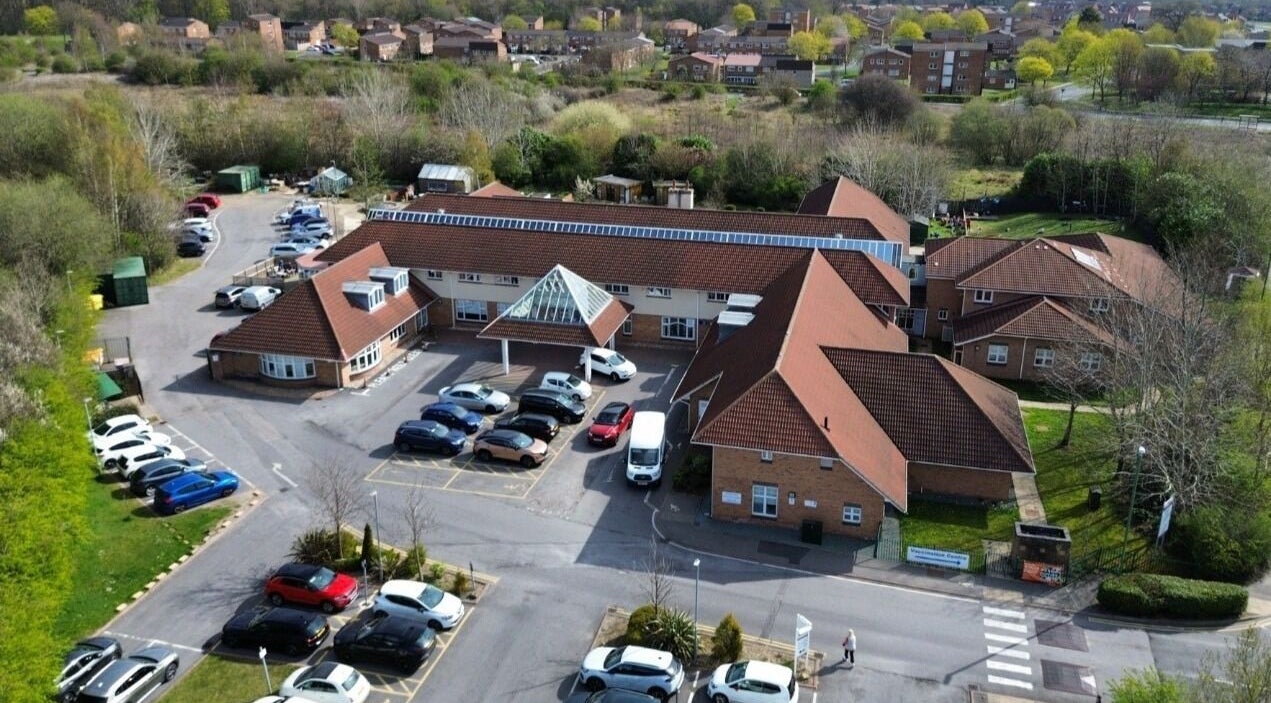 Aerial view of Back to Basics venue in Newton Aycliffe, England, GB with surrounding greenery.