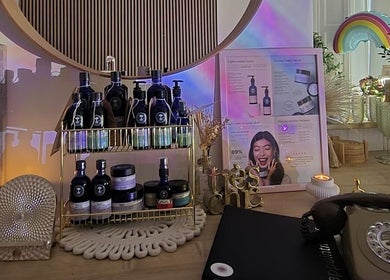 Luxury beauty products display at GC Therapies, Liverpool, England, GB with elegant decor.