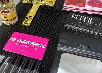 Beauty essentials at Jaels Beauty Studio LLC, Altamonte Springs, Florida, US. Includes vitamin oil and brushes.