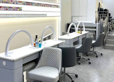 Modern nail stations at Palette Nails Studio, New York, offering a luxurious manicure experience.
