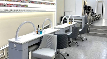 Modern nail stations at Palette Nails Studio, New York, offering a luxurious manicure experience.