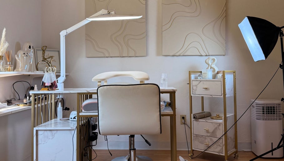 Luxurious nail station at Eva Nails, Sonora, California, US, featuring chic decor and modern equipment.