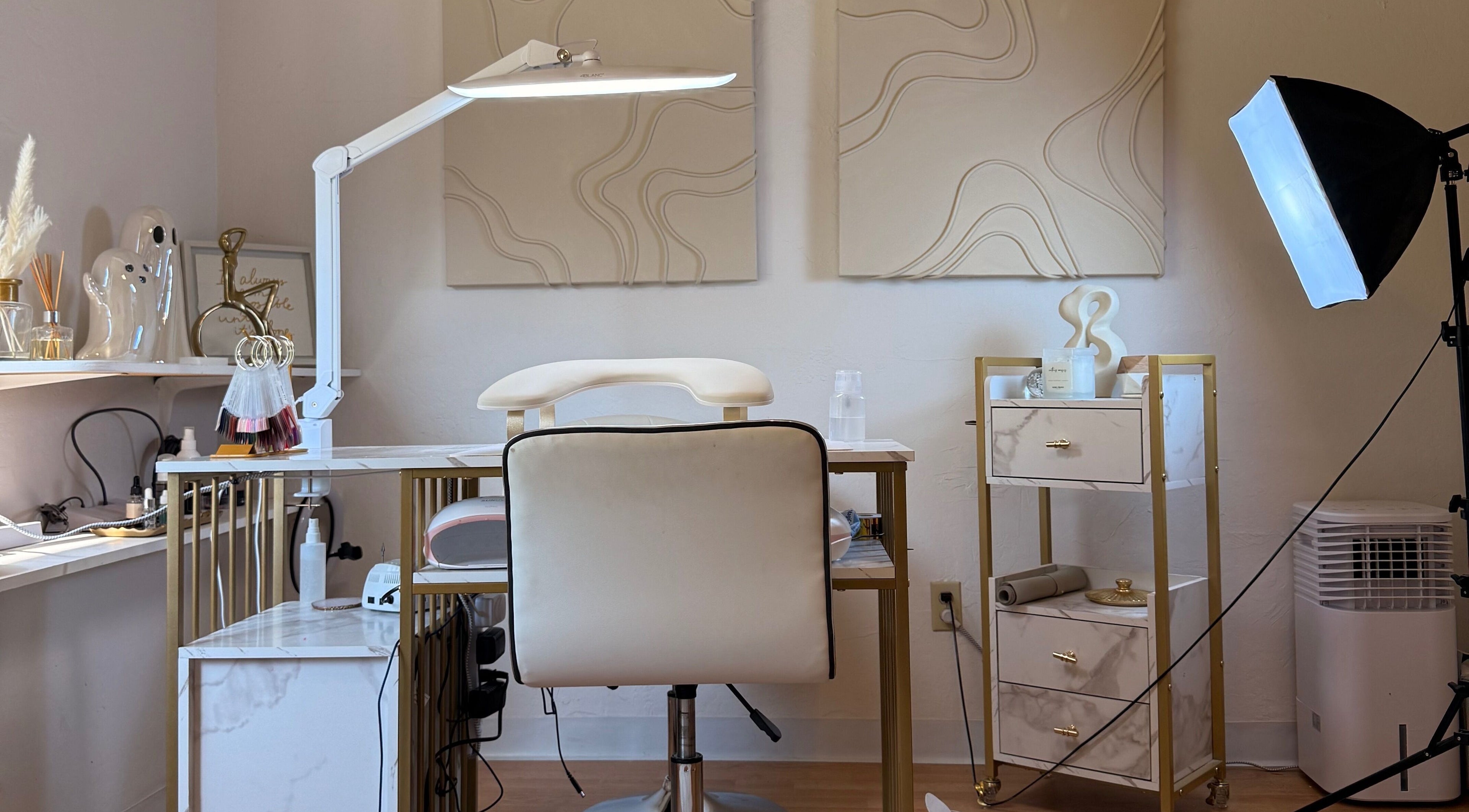 Luxurious nail station at Eva Nails, Sonora, California, US, featuring chic decor and modern equipment.