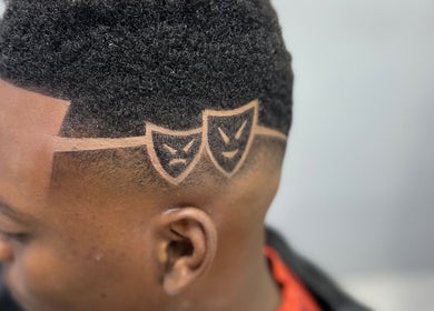 Close-up of artistic haircut design at Empire Fades Tonsorium, Arima, Arima Borough Corporation, TT.