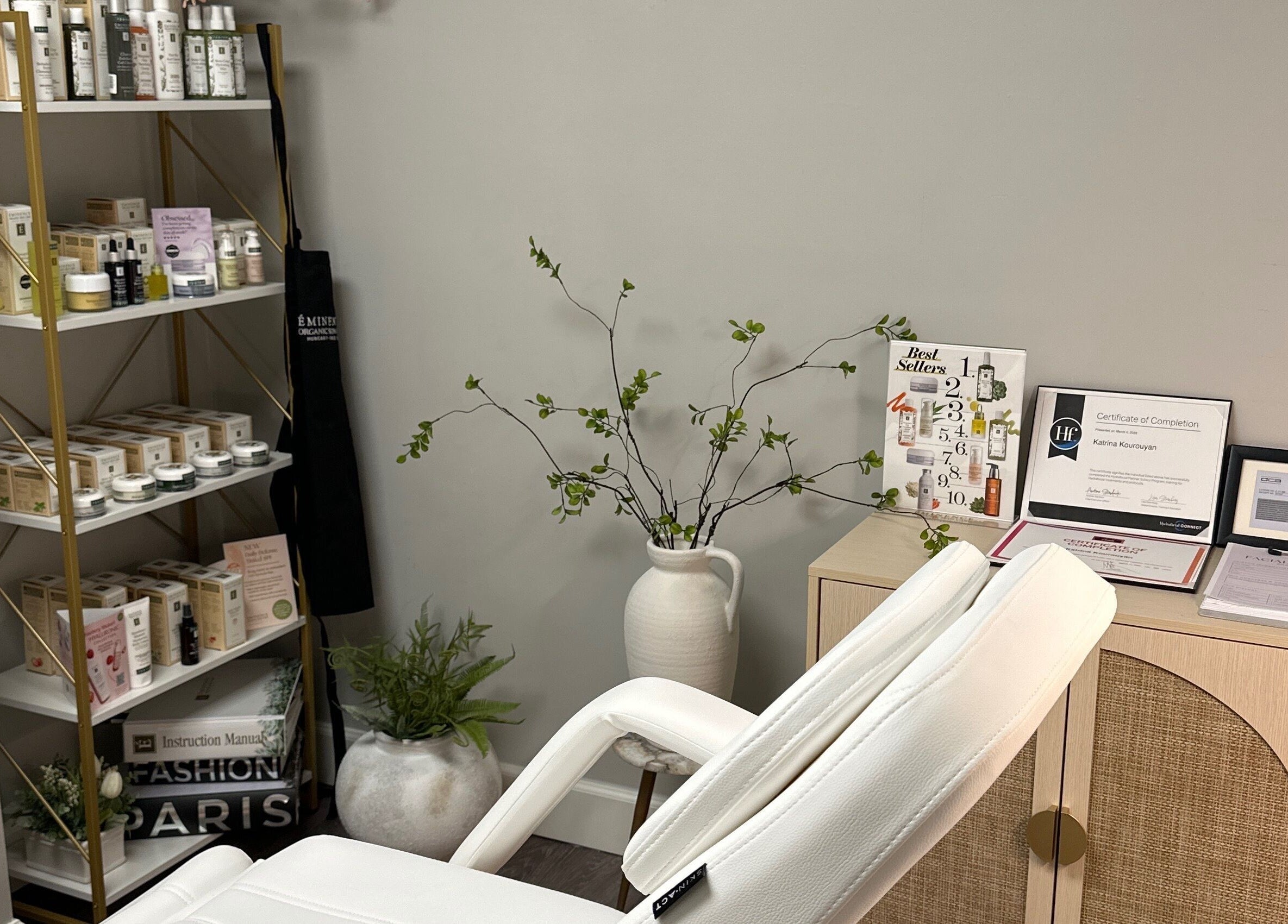 Relaxing skincare corner at All Things Skyn, Glendale, California, US, featuring products and decor.