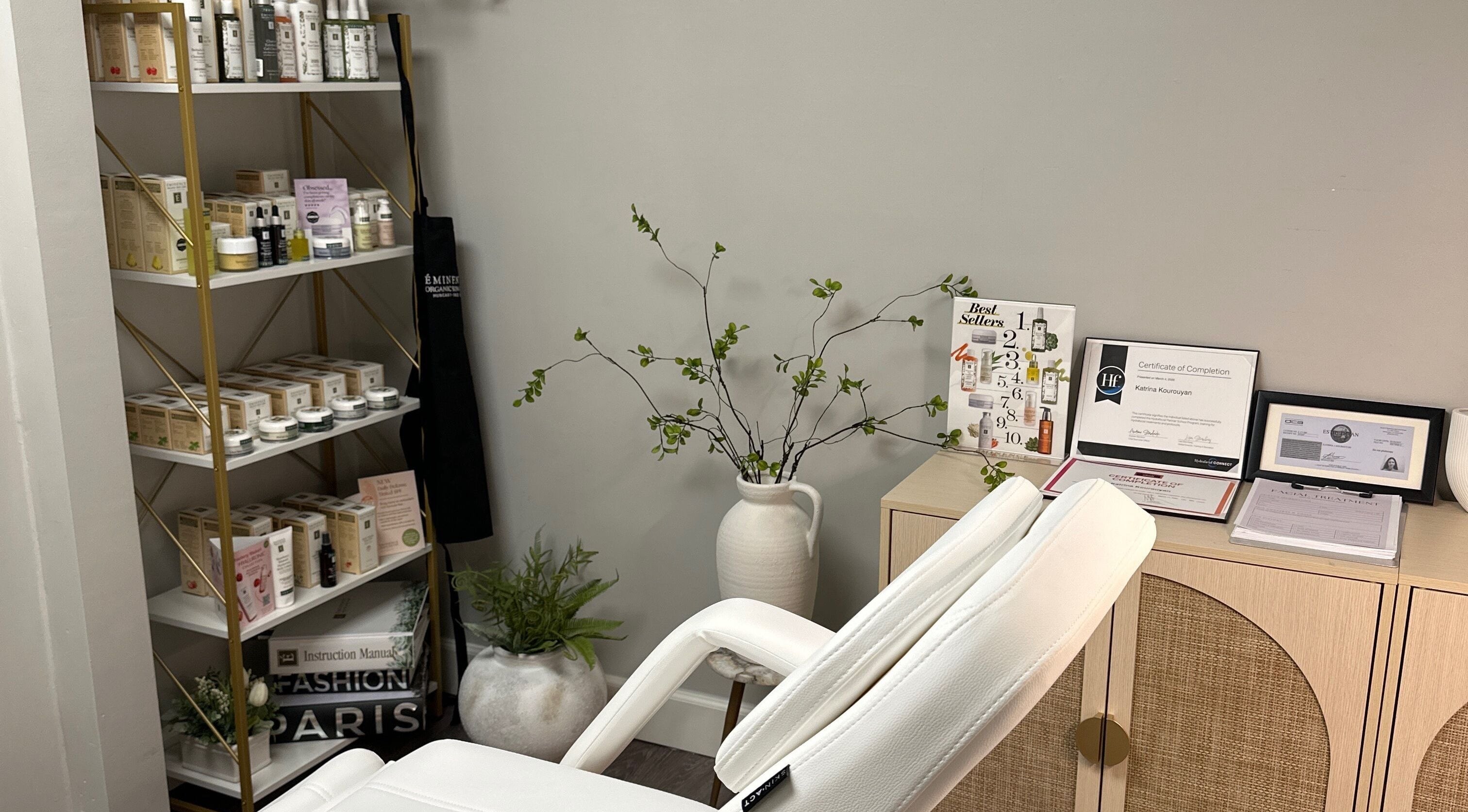 Relaxing skincare corner at All Things Skyn, Glendale, California, US, featuring products and decor.