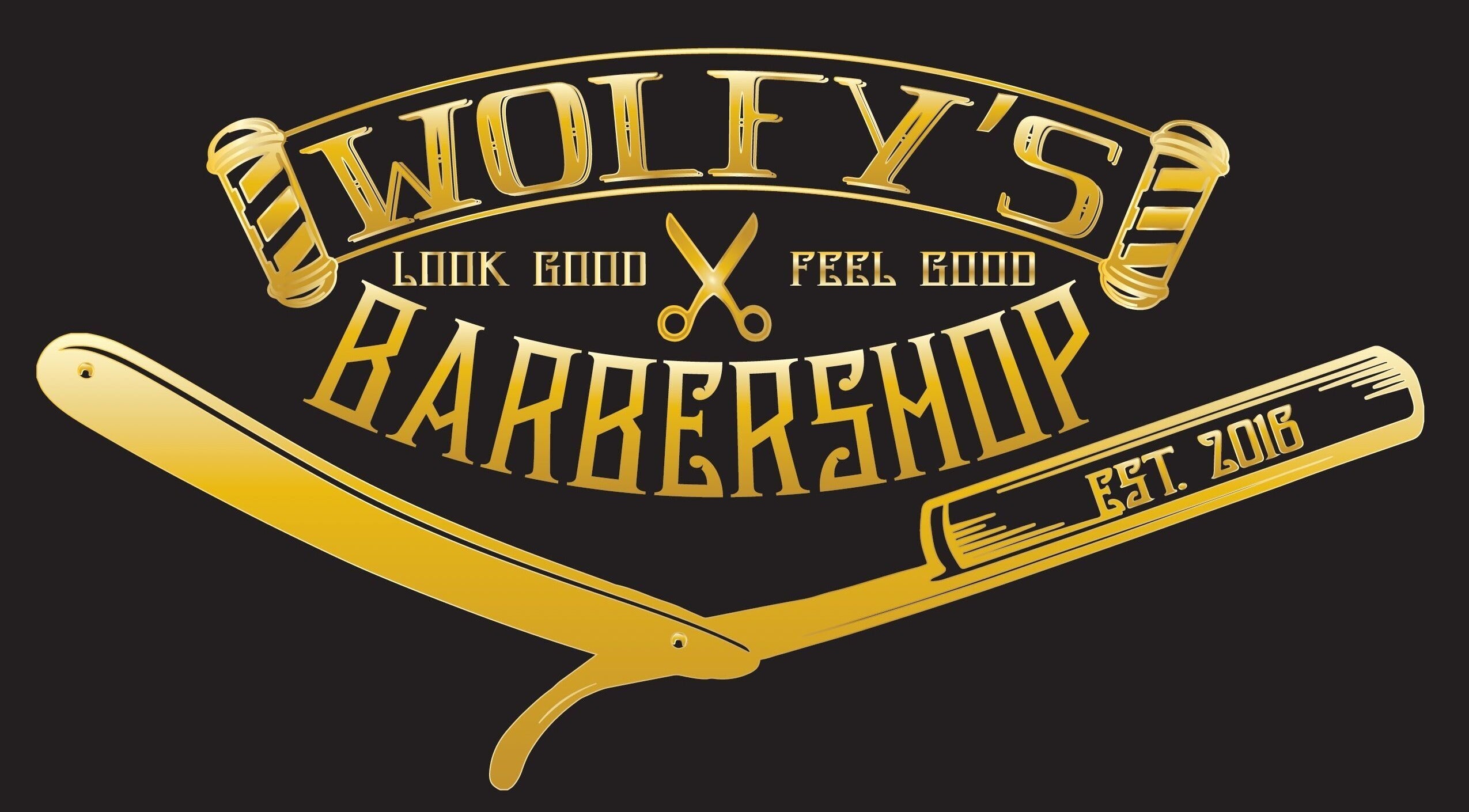Gold razor logo of Wolfy’s Barbershop in Sedalia, Missouri, US, featuring scissors and barber pole.
