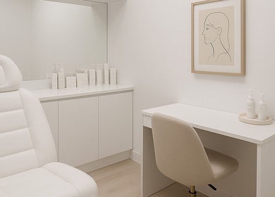 Modern treatment room at Bloom Integral Wellness in Melbourne, Victoria, AU with sleek white decor.
